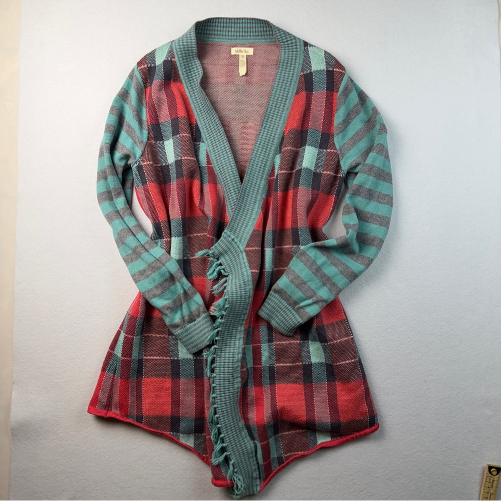 Matilda Jane Women’s Medium Open Front Cardigan Plaid Fringe Sweater